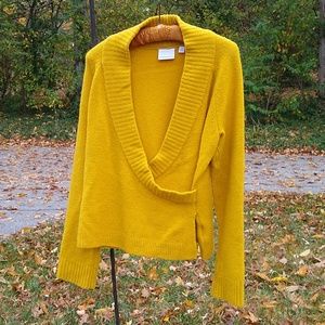 Anthropologie nylon/wool blend mustard yellow sweater, size M, shawl collar